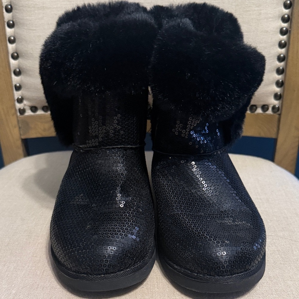 Juicy Couture Black Sequin Boots with Faux Fur Trim, Size 10